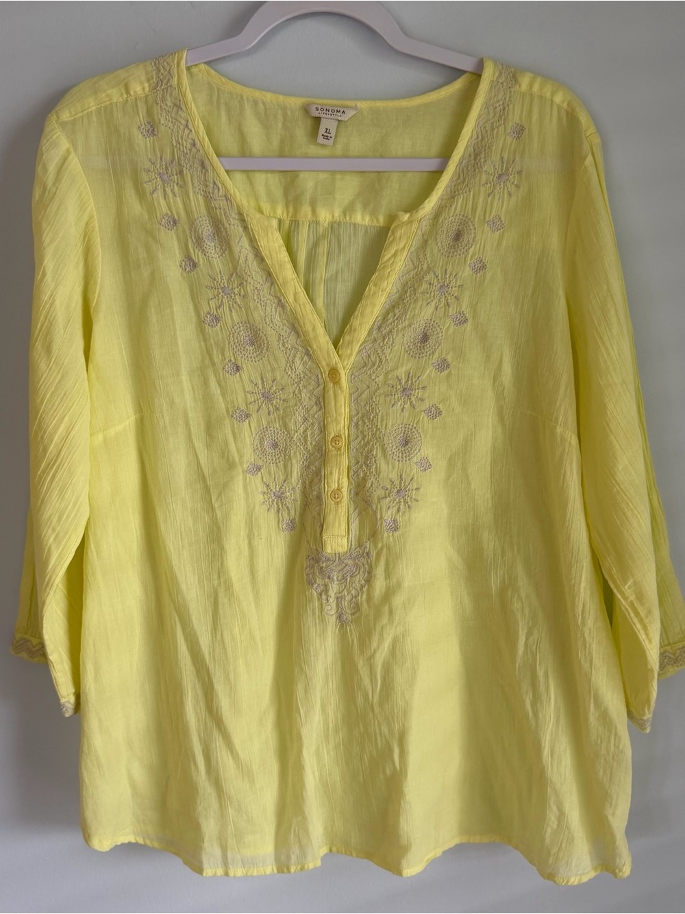 Sonoma Women XL Yellow Embroidered Boho Gauze Tunic Top 100% Cotton 3/4 Sleeve